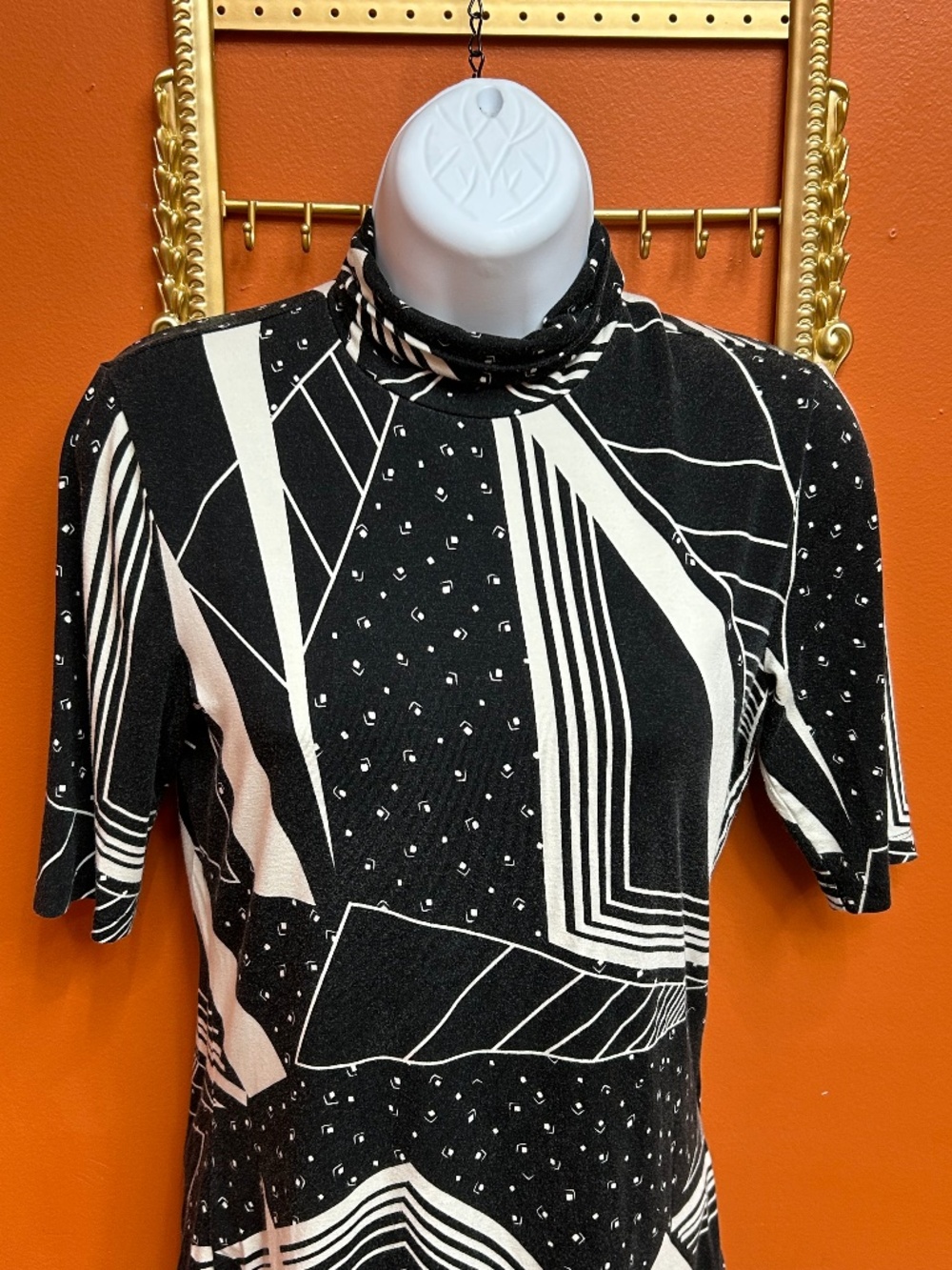 Lauren Ralph Lauren Black White Geometric Mock Neck Top Size M